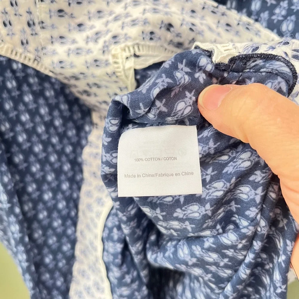 Tory Burch Navy‎ Blue White Floral Cotton Tunic Top Split V-Neck Lace Trim XS